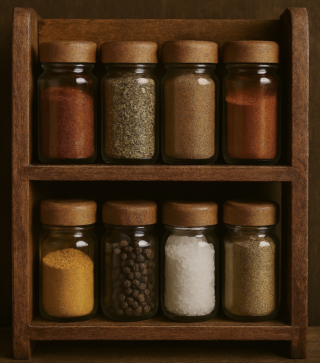A spice cabinet with two shelves, depicting a hand reaching toward an unlabeled jar labeled "Homemade Spice Blend" with a ...